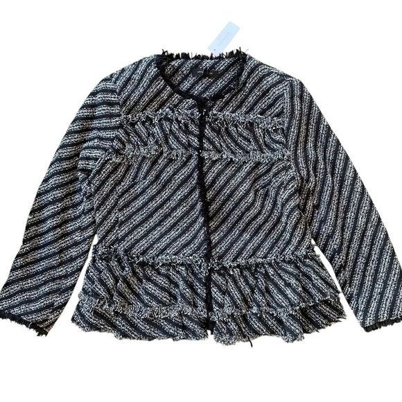 Ann Taylor Jackets & Blazers - Ann Taylor Tweed Knit Peplum Ruffle Fringe Jacket Black Striped Size 6